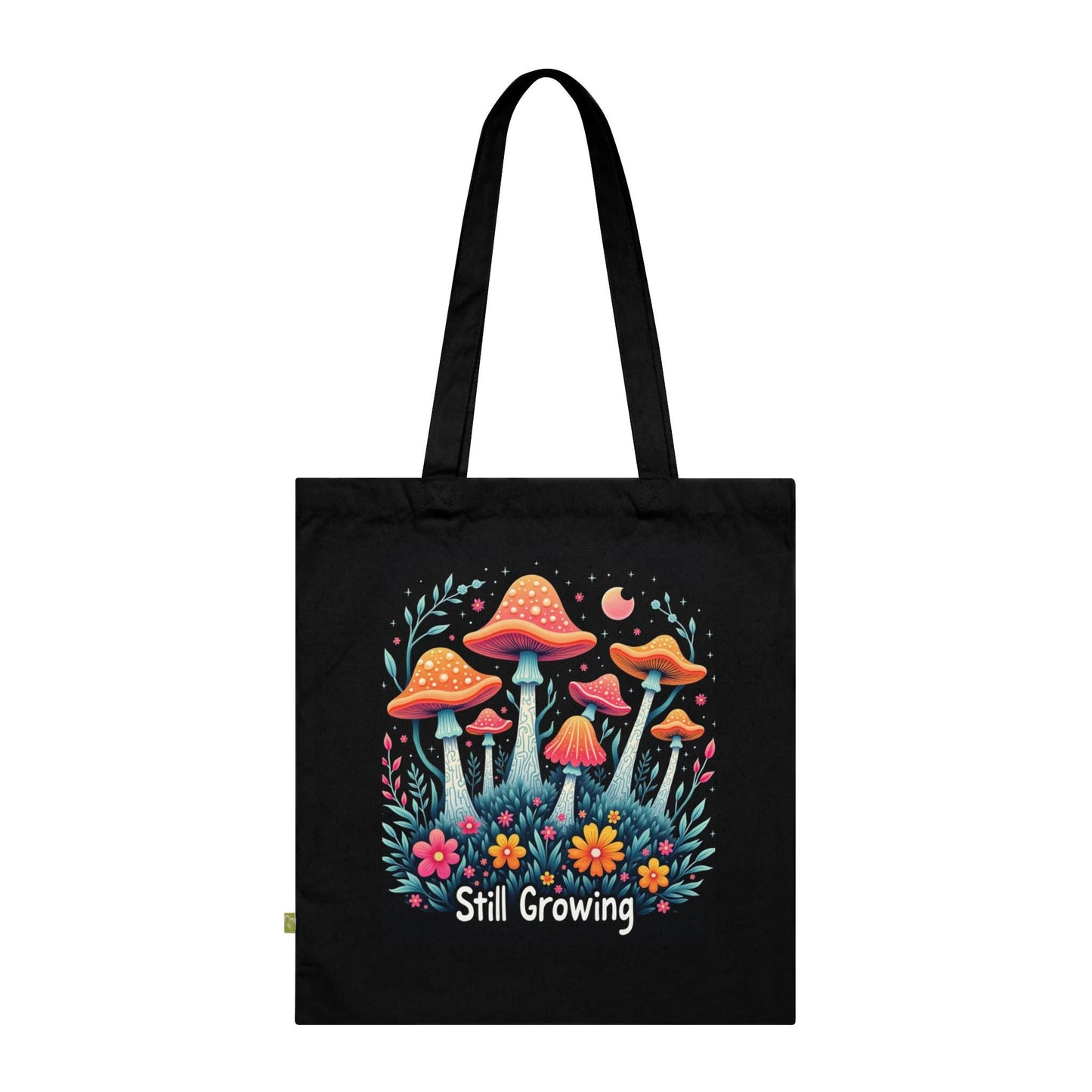 Still Growing Mushroom Tote Bag | Organic Cotton Eco-Friendly Bag | Unique Mushroom Design | Reusable Shopping Tote | Mush-Love Logo