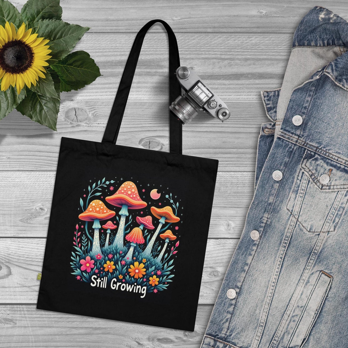 Still Growing Mushroom Tote Bag | Organic Cotton Eco-Friendly Bag | Unique Mushroom Design | Reusable Shopping Tote | Mush-Love Logo