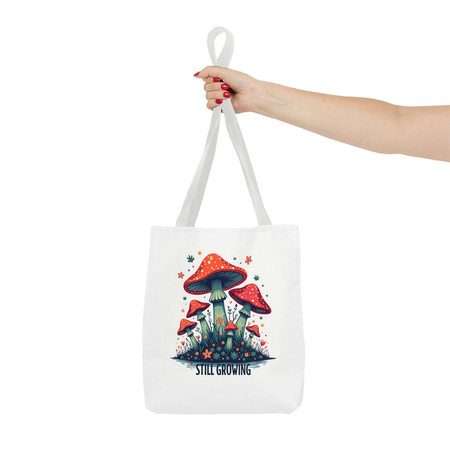 Still Growing Mushroom Tote Bag | Organic Cotton Eco-Friendly Bag | Unique Mushroom Design | Reusable Shopping Tote | Mush-Love Logo