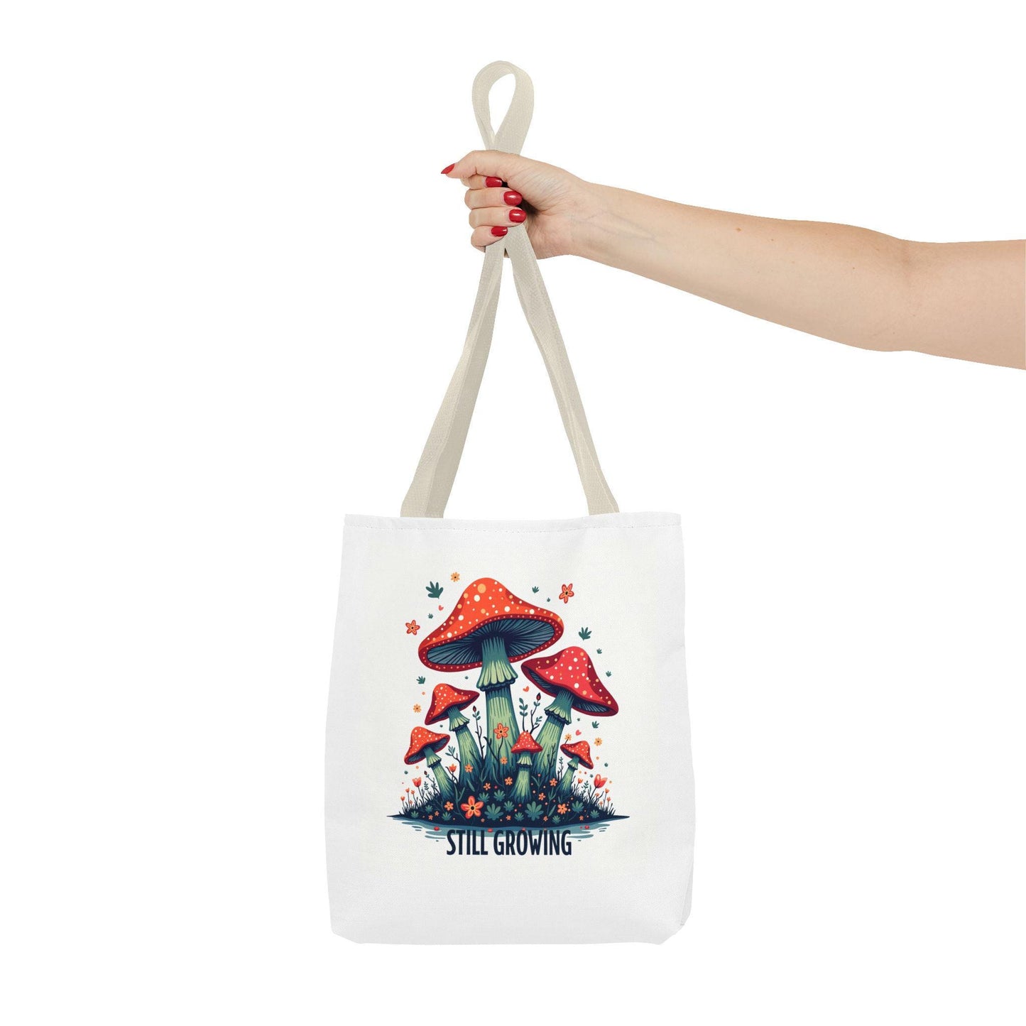 Still Growing Mushroom Tote Bag | Organic Cotton Eco-Friendly Bag | Unique Mushroom Design | Reusable Shopping Tote | Mush-Love Logo