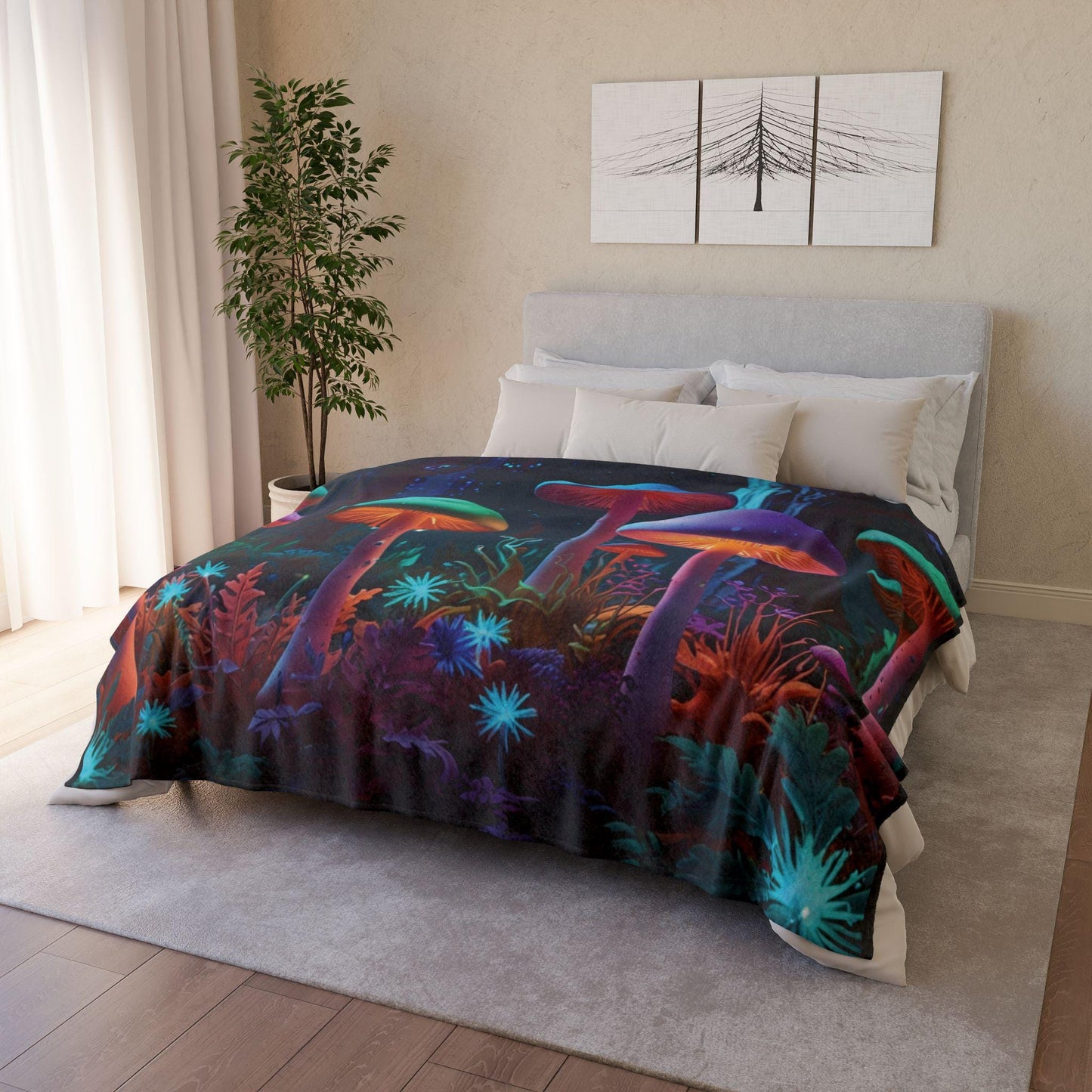 Night Garden Soft Polyester Blanket - Psychedelic Mushroom Design | Eco-Friendly, Cozy Throw | Vibrant Nature-Inspired Blanket