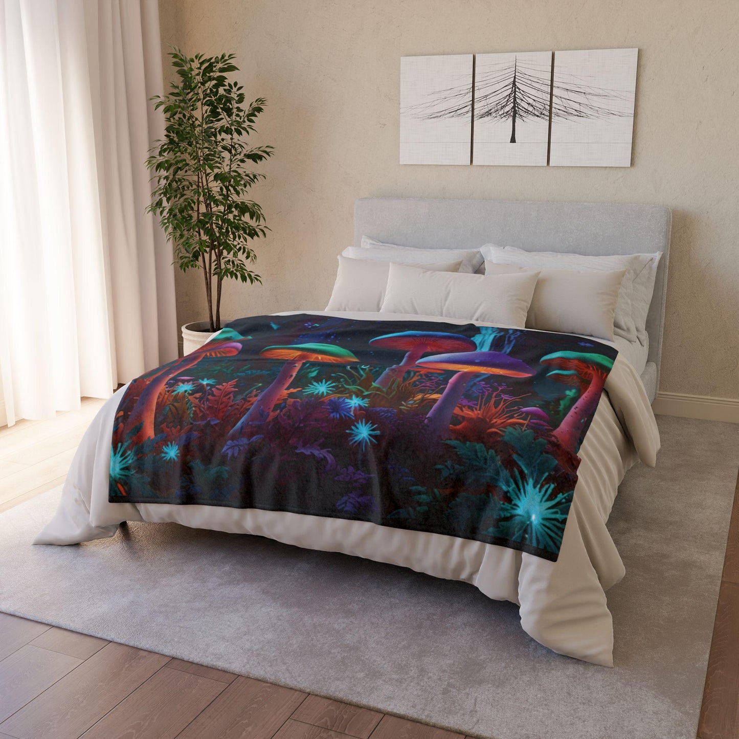 Night Garden Soft Polyester Blanket - Psychedelic Mushroom Design | Eco-Friendly, Cozy Throw | Vibrant Nature-Inspired Blanket