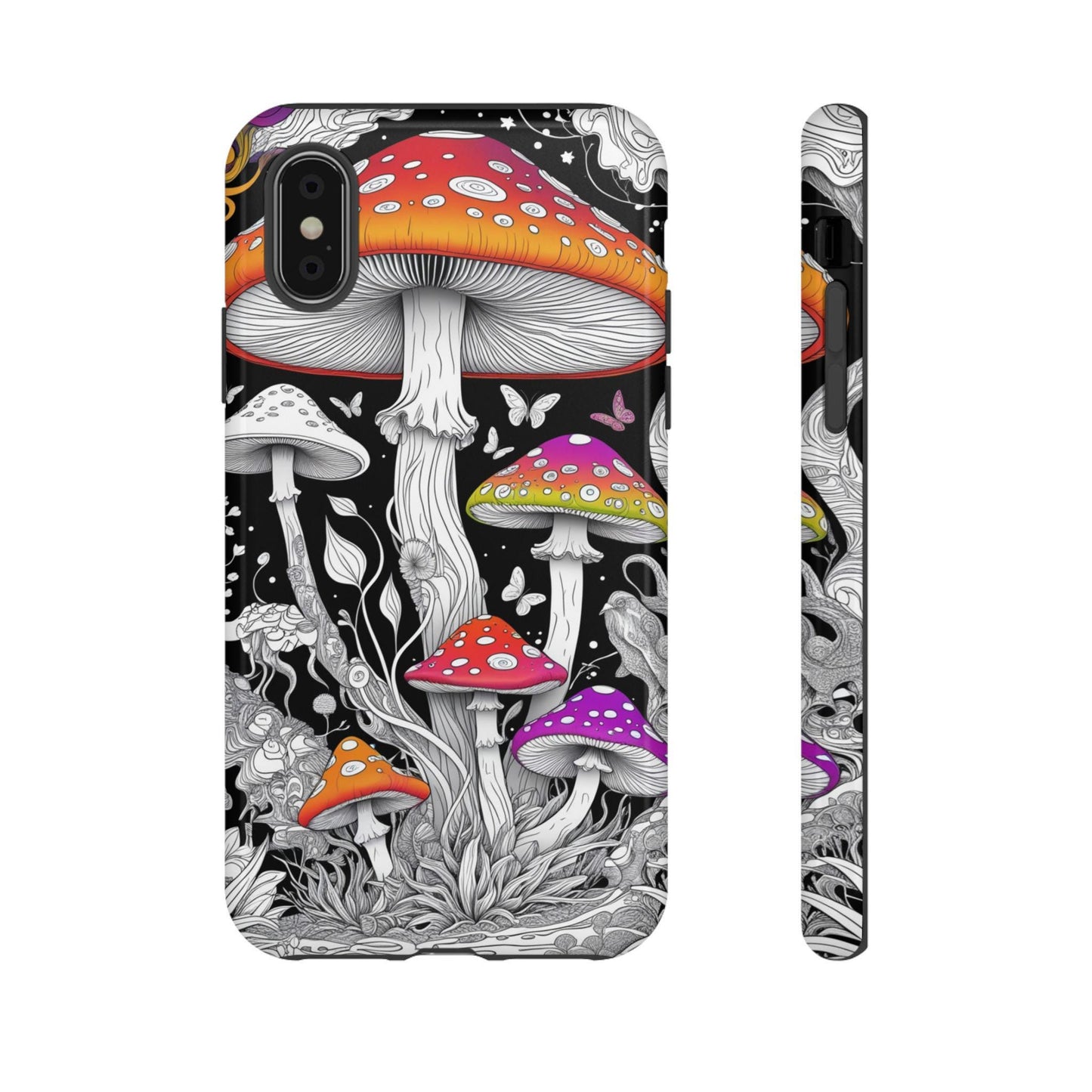 Psychedelic Mushroom Black, White Tough Case | Dual Layer iPhone & Phone Case | Durable Protective Cover | Mushroom Art | Custom iPhone Case