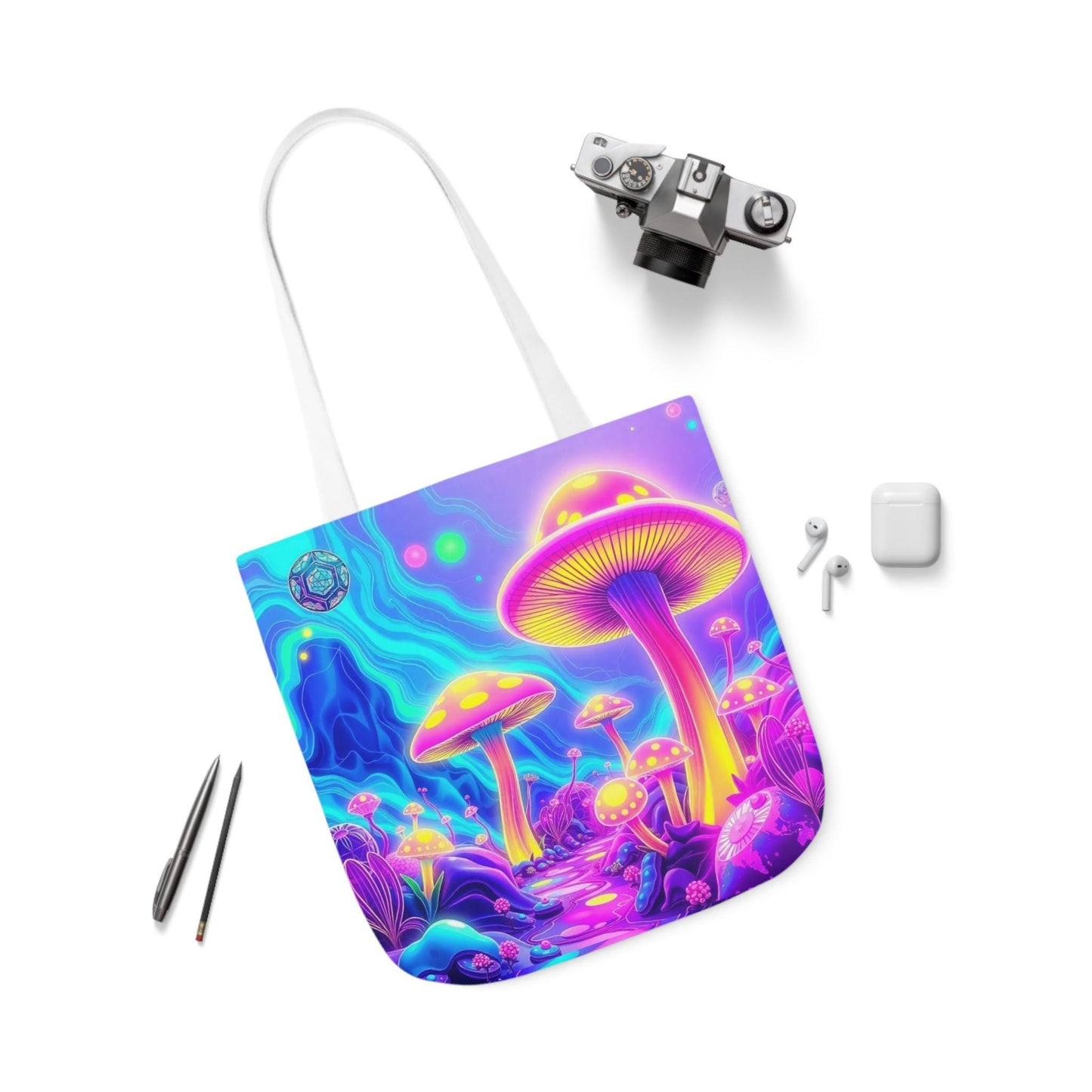 Mushroom Island Tote Bag | Psychedelic Mushroom Design | 13x13, 16x16, 18x18 | Durable Canvas | Stylish & Eco-Friendly Tote | Trippy Art Bag