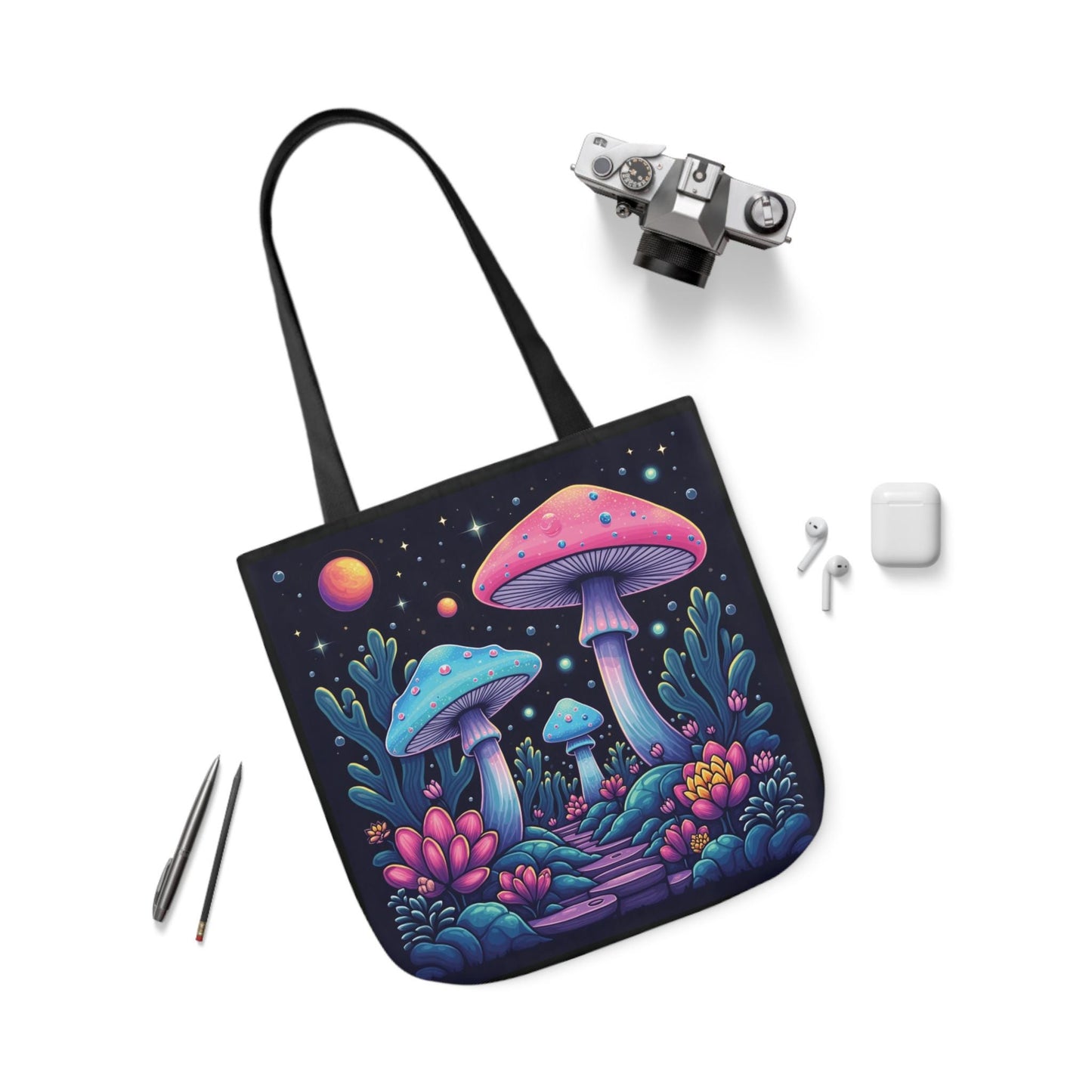 Mushroom Planet Tote Bag | Psychedelic Mushroom Design | Black Canvas | Front and Back Print | 13x13, 16x16, 18x18 | Eco-Friendly & Durable