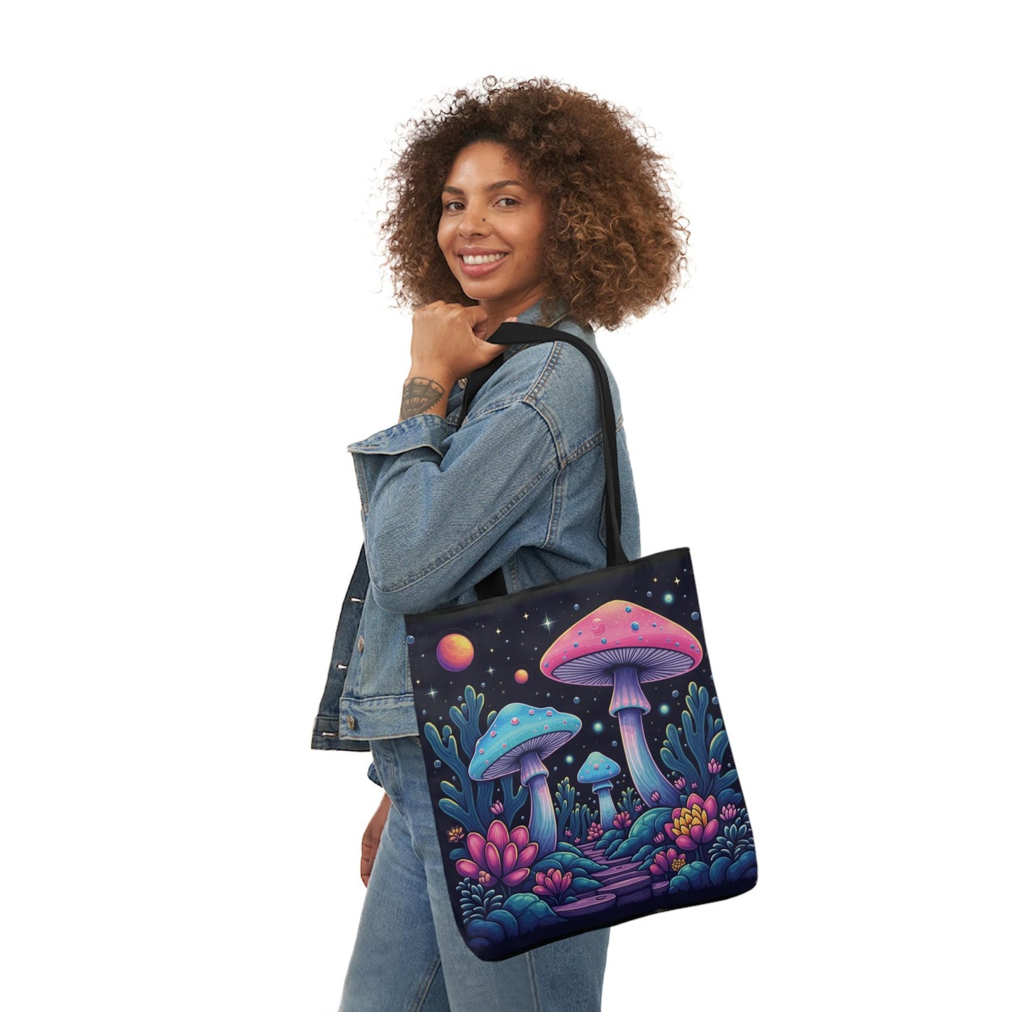 Mushroom Planet Tote Bag | Psychedelic Mushroom Design | Black Canvas | Front and Back Print | 13x13, 16x16, 18x18 | Eco-Friendly & Durable