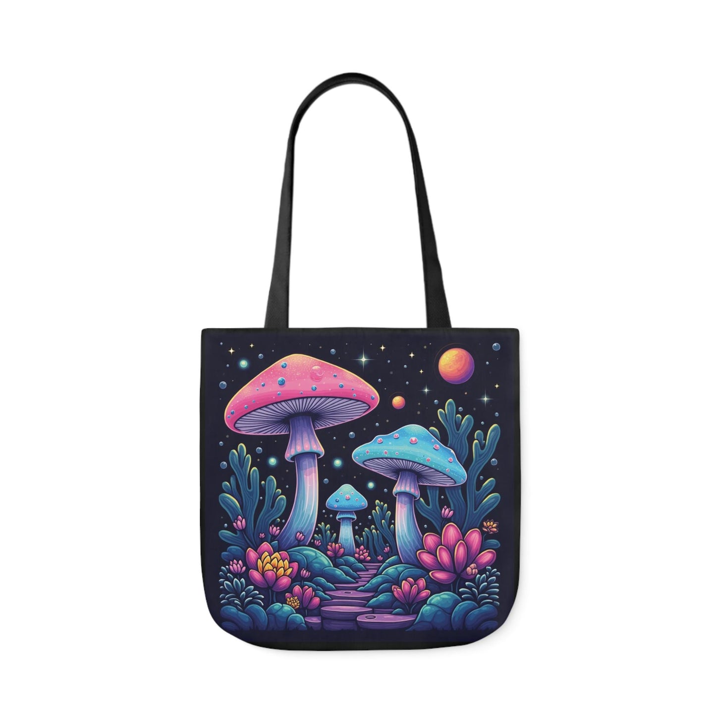 Mushroom Planet Tote Bag | Psychedelic Mushroom Design | Black Canvas | Front and Back Print | 13x13, 16x16, 18x18 | Eco-Friendly & Durable