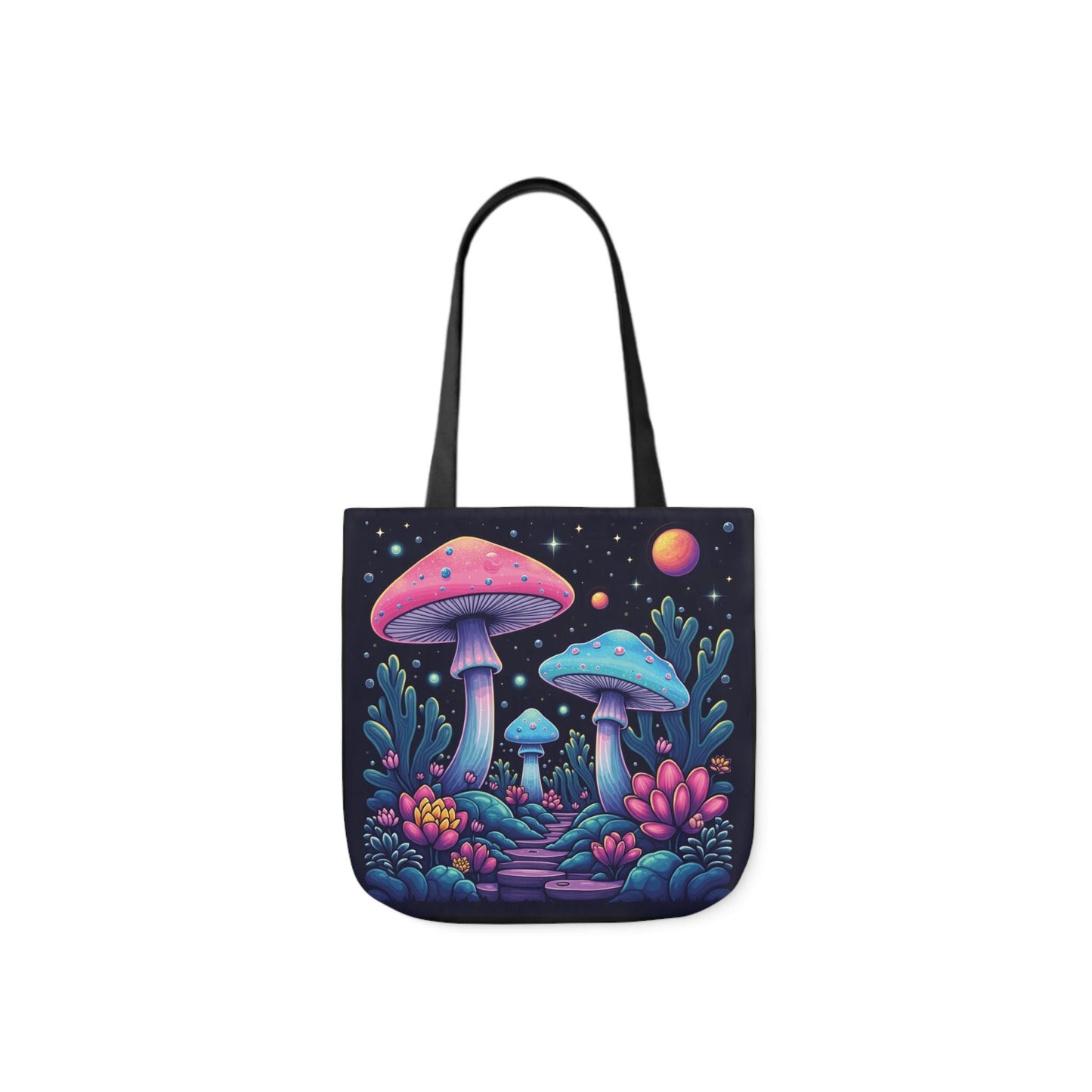 Mushroom Planet Tote Bag | Psychedelic Mushroom Design | Black Canvas | Front and Back Print | 13x13, 16x16, 18x18 | Eco-Friendly & Durable