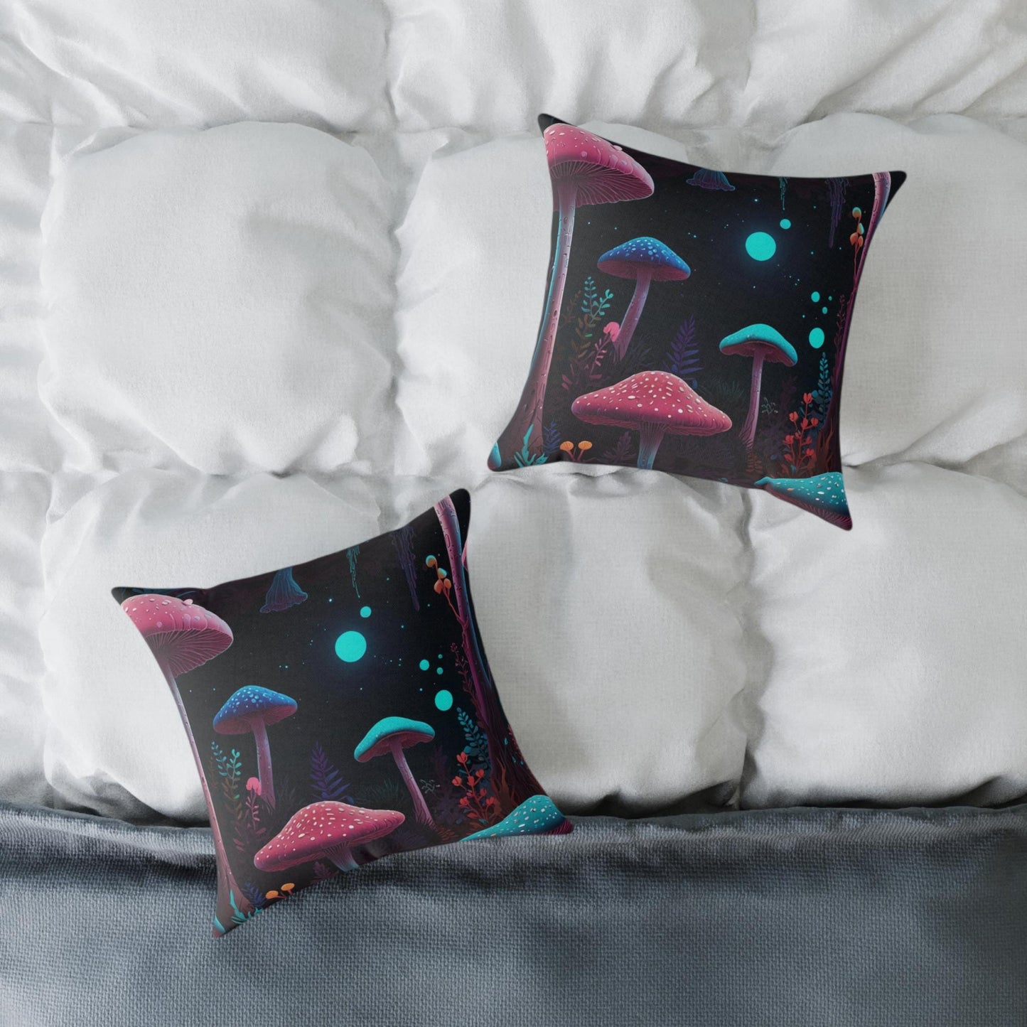 Dreamy Night Mushroom Cushion - Psychedelic Nighttime Fungi Design, Colourful Mushroom Decor, Boho Mushroom Cushion, Gift for Nature Lovers