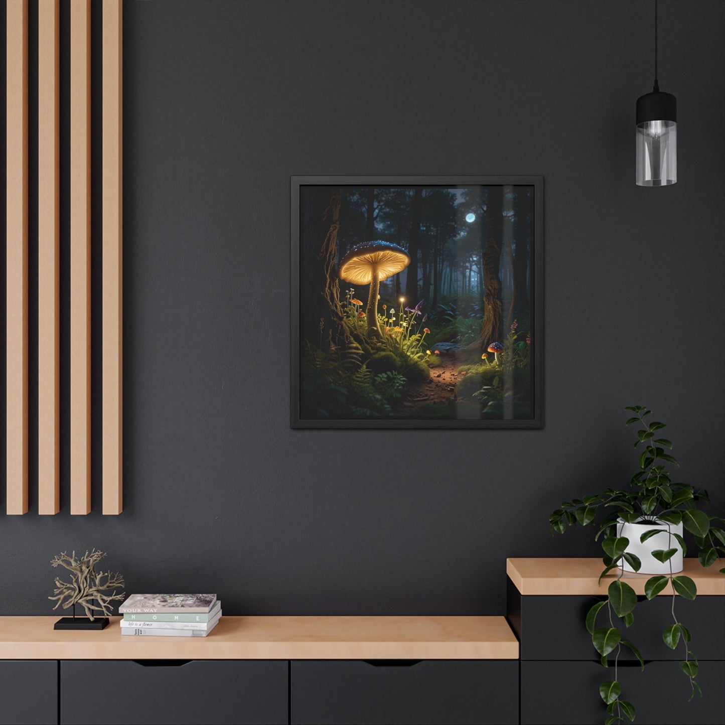 Magical Mushrooms at Night Framed Print | Enchanting Mushroom Artwork | Nature-Inspired Wall Art | Celestial Forest Scene