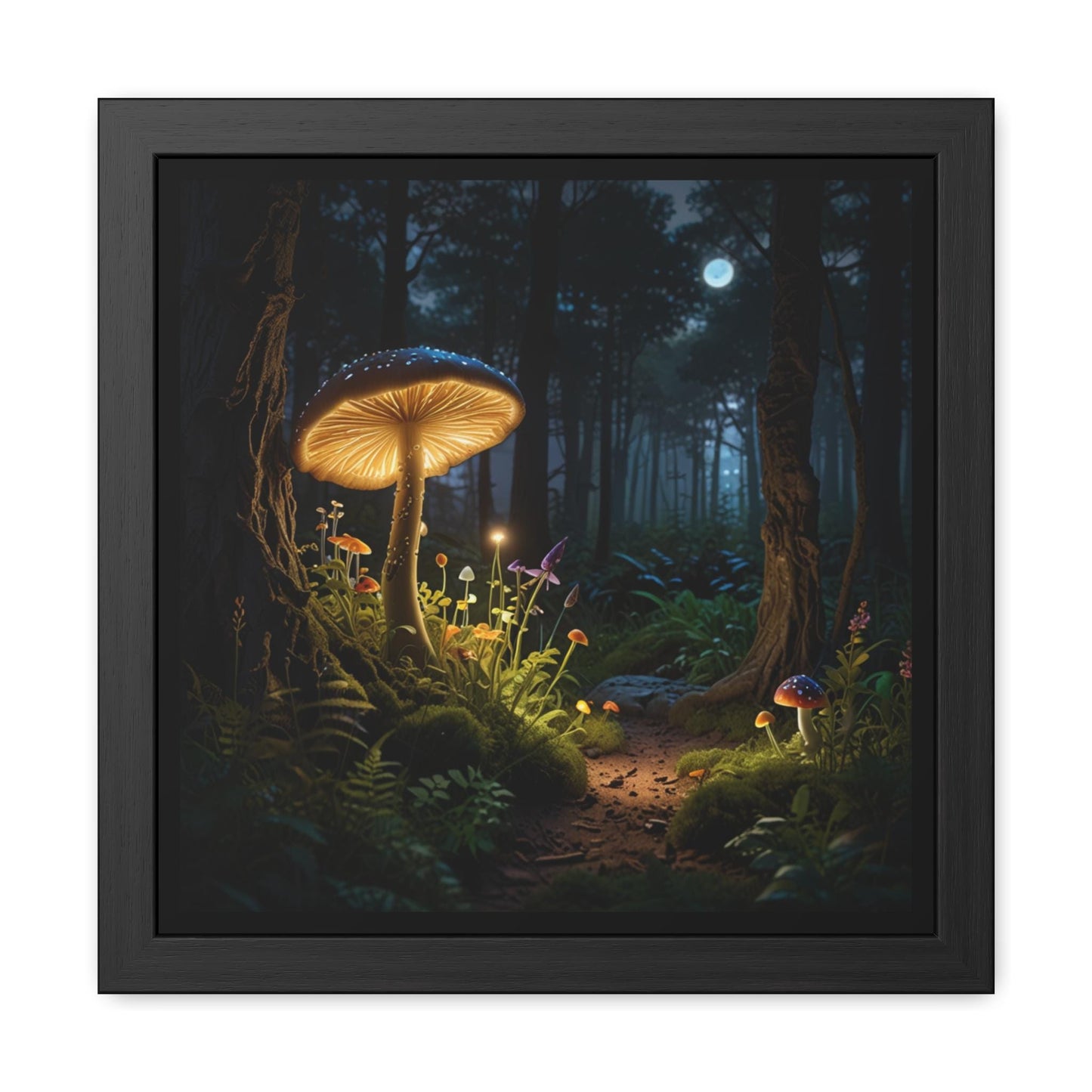 Magical Mushrooms at Night Framed Print | Enchanting Mushroom Artwork | Nature-Inspired Wall Art | Celestial Forest Scene