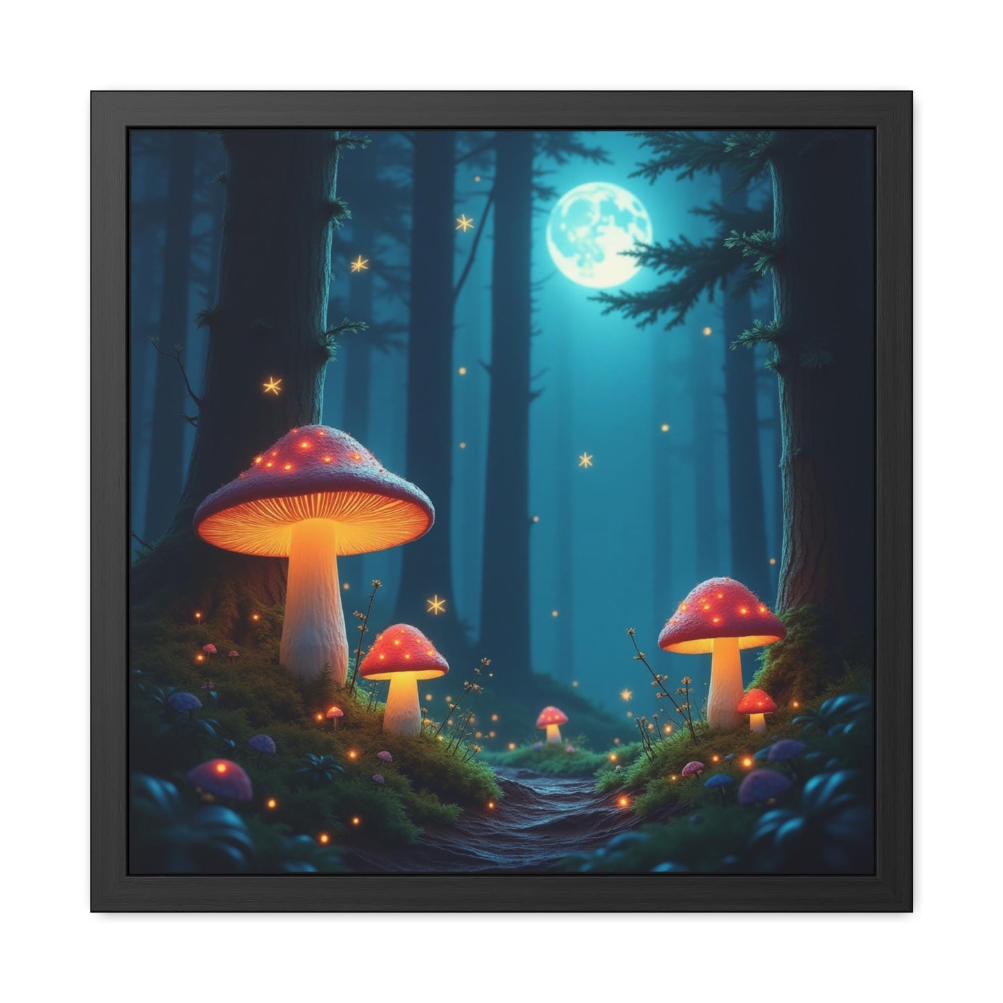 Mushrooms at Night Framed Print | Enchanting Mushroom Artwork | Nature-Inspired Wall Art | Celestial Forest Scene