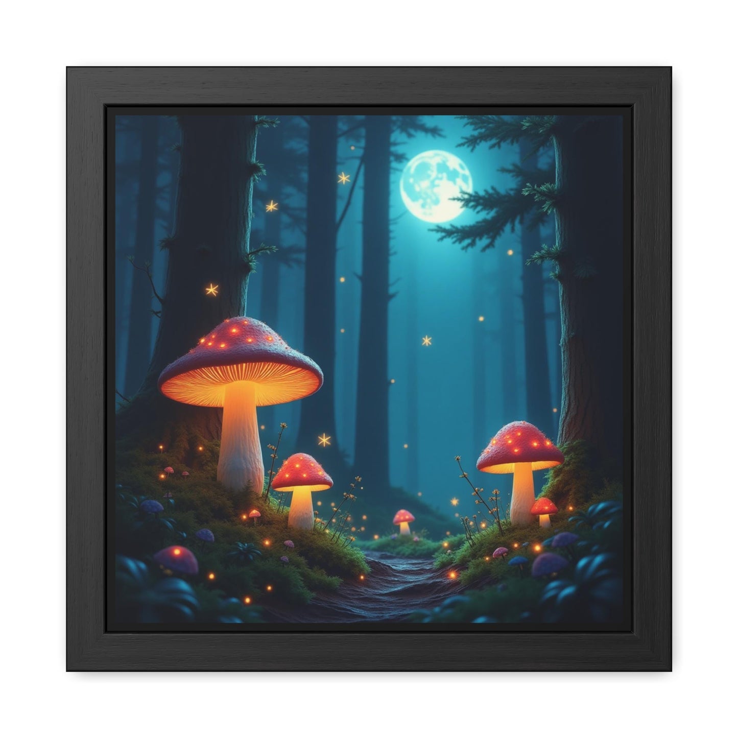 Mushrooms at Night Framed Print | Enchanting Mushroom Artwork | Nature-Inspired Wall Art | Celestial Forest Scene