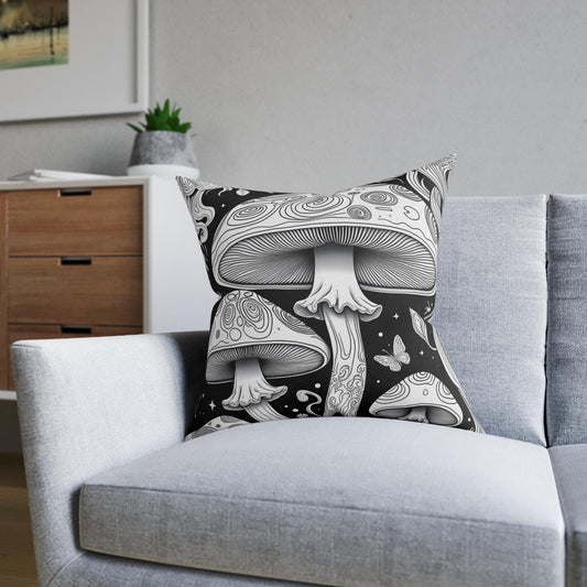 Mushroom Mindscapes Cushion | Black & White Mushroom Home Decor | Mesmeric Drawn Design | Soft Decorative Pillow | 3 Sizes Available