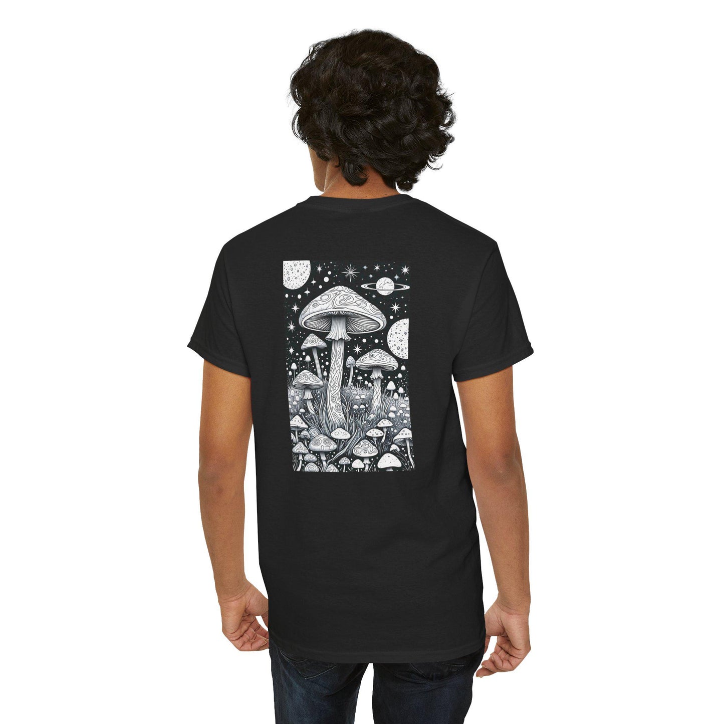 Mushroom Mindscapes T-shirt | Nature-Inspired Art Shirt | Black & White Mushroom Design | Unisex Graphic Tee | Eco-Friendly Fashion