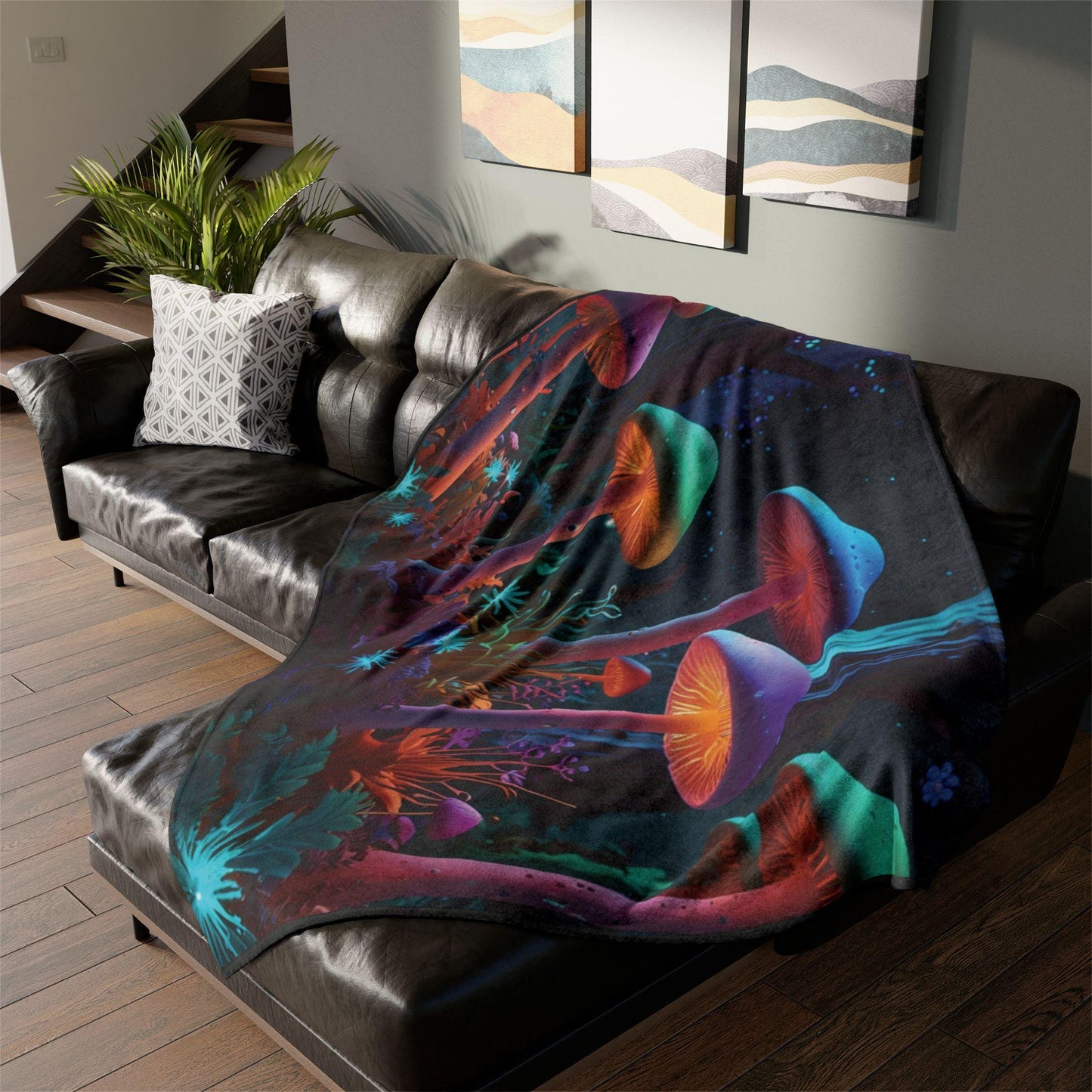 Night Garden Soft Polyester Blanket - Psychedelic Mushroom Design | Eco-Friendly, Cozy Throw | Vibrant Nature-Inspired Blanket