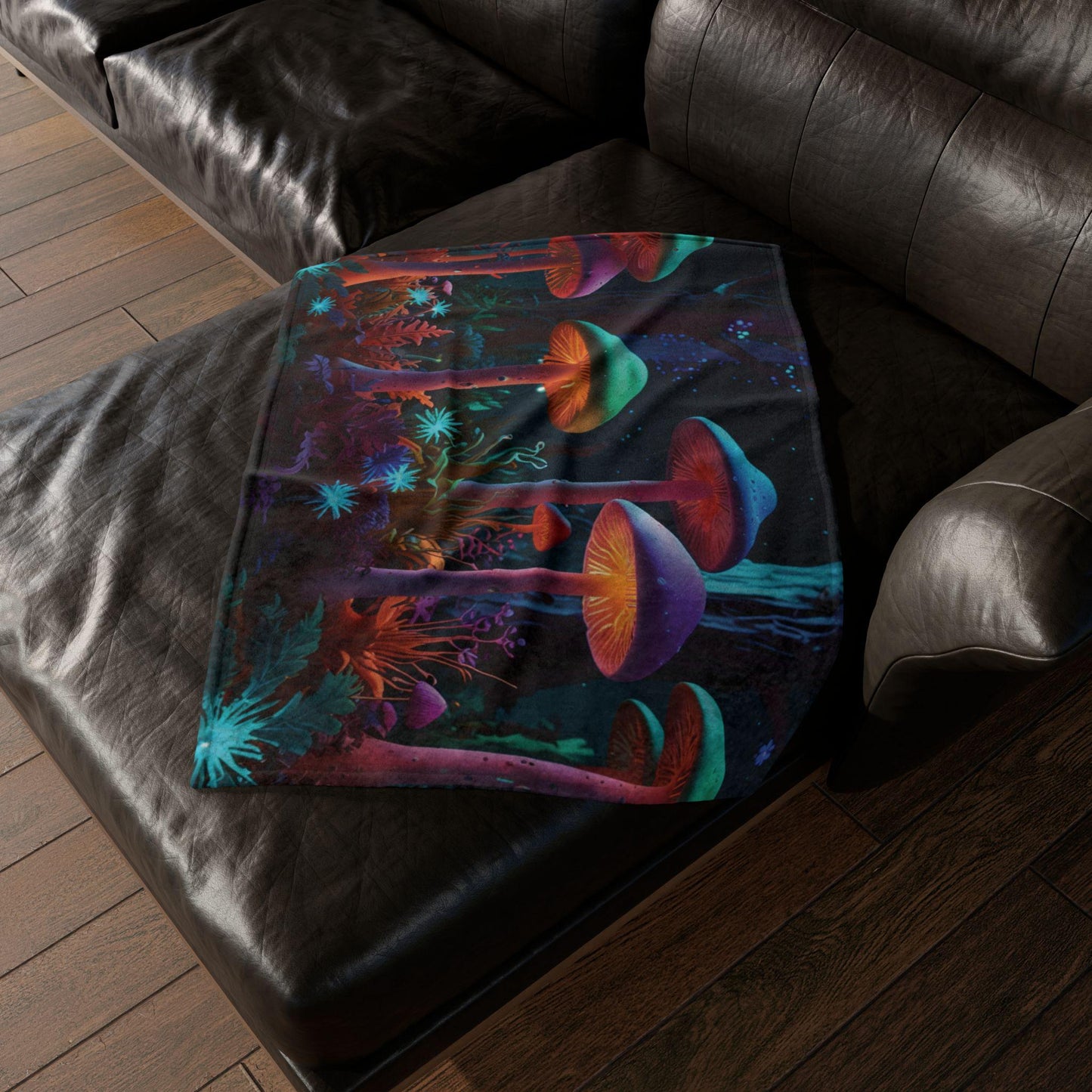 Night Garden Soft Polyester Blanket - Psychedelic Mushroom Design | Eco-Friendly, Cozy Throw | Vibrant Nature-Inspired Blanket