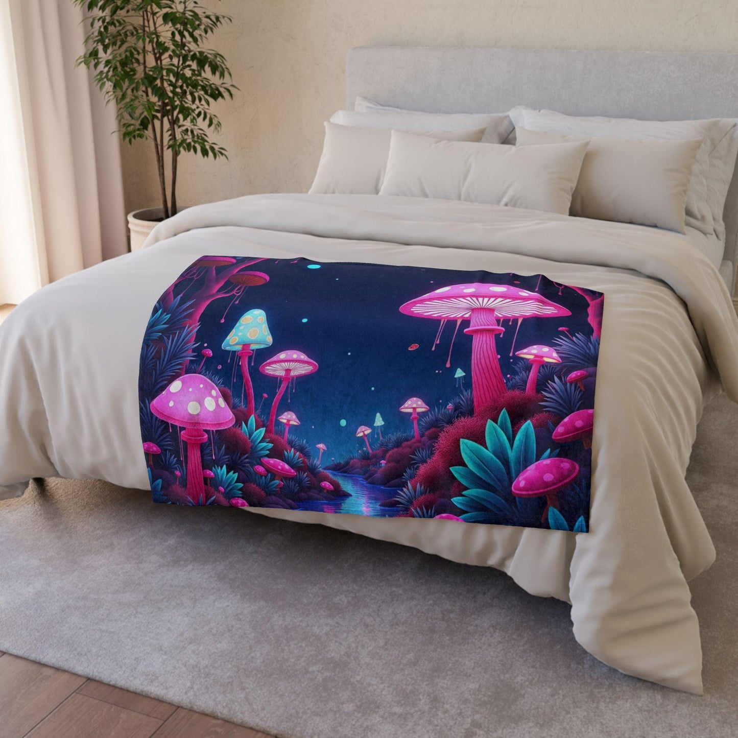 At Night Soft Polyester Blanket - Mystical Mushroom Design | Cozy Throw Blanket in 3 Sizes | Eco-Friendly Nature-Inspired Home Decor