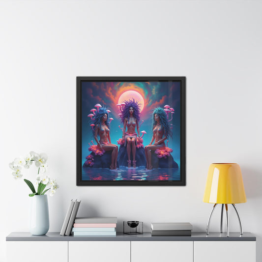 Siren Sisters Framed Print | Mythology Art | Hand-Crafted Wooden Frame | UV Ink Printing | Mermaid Art | Sirens Design | Unique Wall Decor