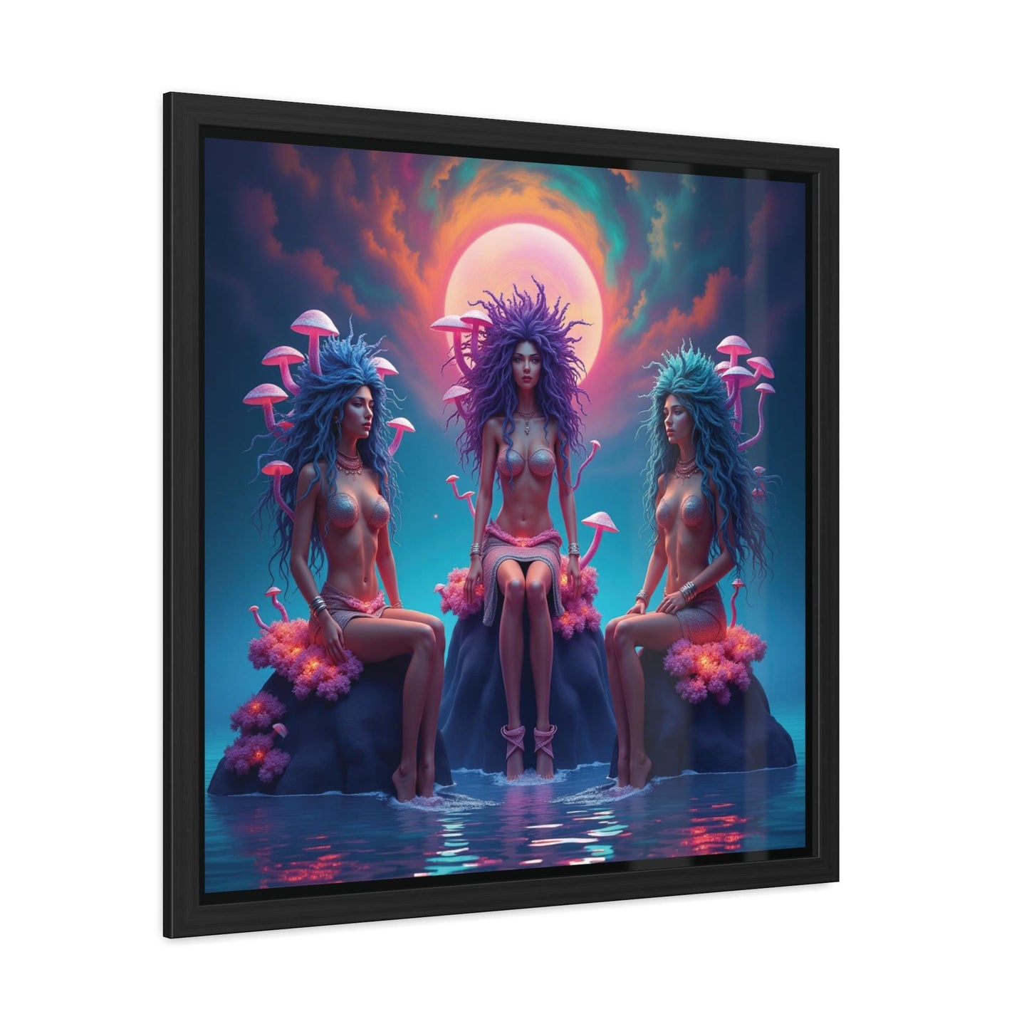 Siren Sisters Framed Print | Mythology Art | Hand-Crafted Wooden Frame | UV Ink Printing | Mermaid Art | Sirens Design | Unique Wall Decor