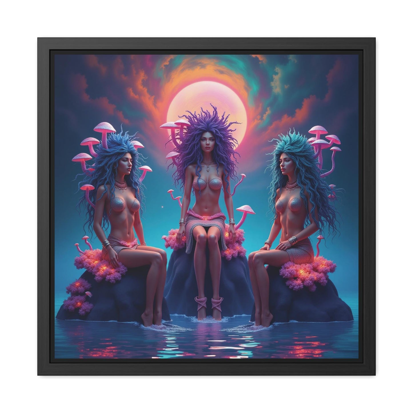 Siren Sisters Framed Print | Mythology Art | Hand-Crafted Wooden Frame | UV Ink Printing | Mermaid Art | Sirens Design | Unique Wall Decor