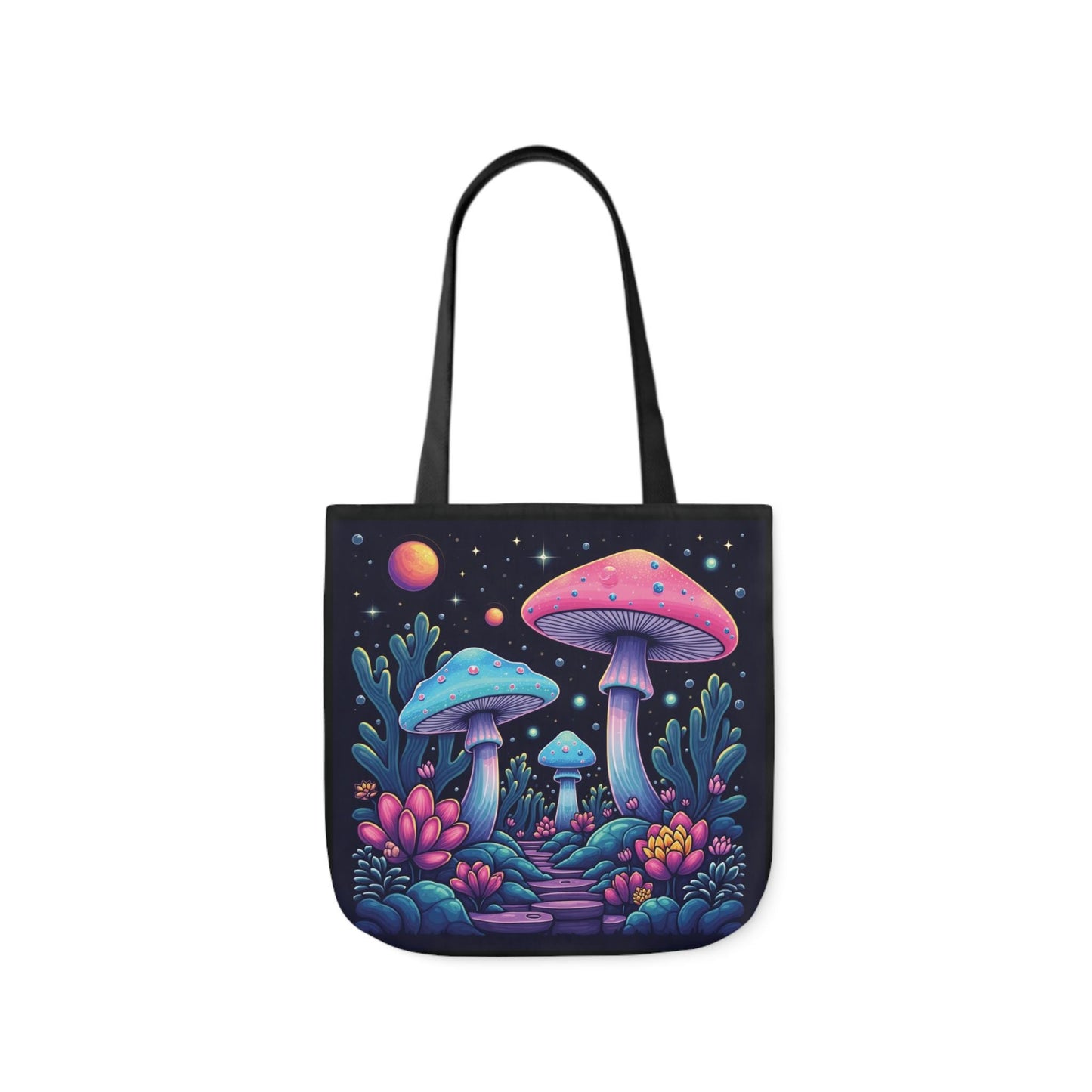 Mushroom Planet Tote Bag | Psychedelic Mushroom Design | Black Canvas | Front and Back Print | 13x13, 16x16, 18x18 | Eco-Friendly & Durable