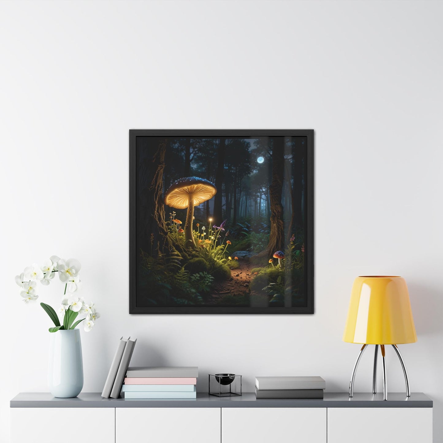 Magical Mushrooms at Night Framed Print | Enchanting Mushroom Artwork | Nature-Inspired Wall Art | Celestial Forest Scene