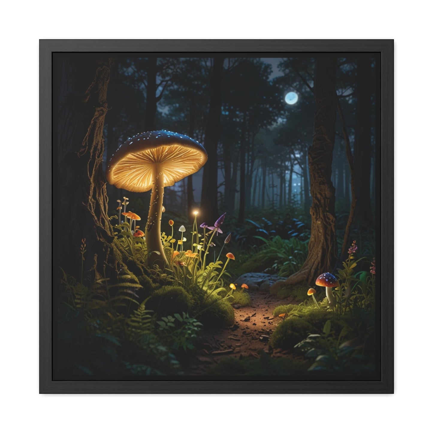 Magical Mushrooms at Night Framed Print | Enchanting Mushroom Artwork | Nature-Inspired Wall Art | Celestial Forest Scene