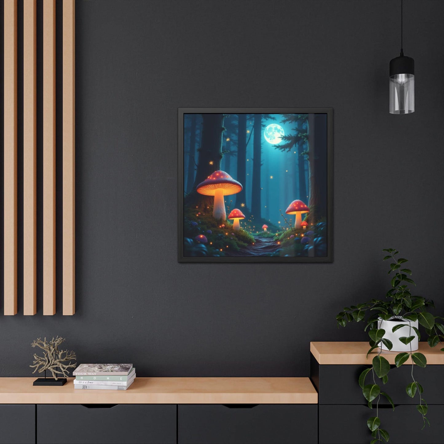 Mushrooms at Night Framed Print | Enchanting Mushroom Artwork | Nature-Inspired Wall Art | Celestial Forest Scene