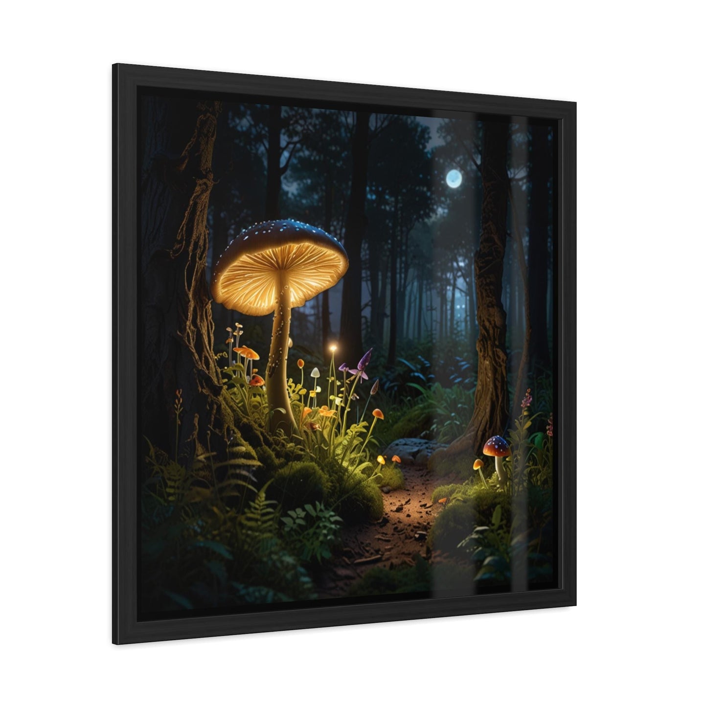 Magical Mushrooms at Night Framed Print | Enchanting Mushroom Artwork | Nature-Inspired Wall Art | Celestial Forest Scene